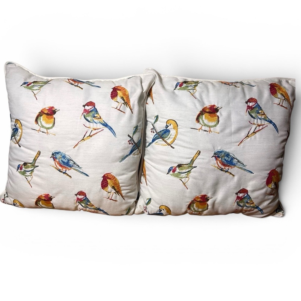 Set of 2 Colorful Bird Print Throw Pillows 18x18 Cottagecore Farmhouse Decor